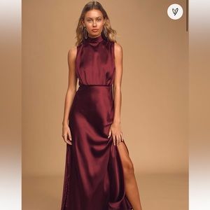Wine Satin Sleeveless Mock Neck Maxi Dress with Tags